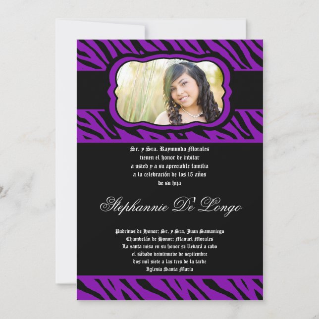 Convite para Impressão de Quinceanera de Zebra Rox (Frente)