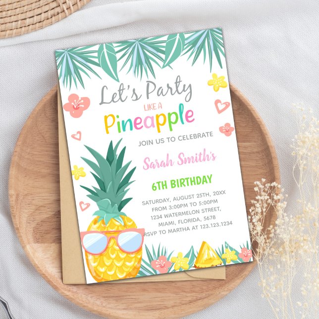 Convite para impressão de Verão tropical editável (Pineapple Party Birthday Invitations)