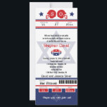 Convite para ingresso de futebol do bar Mitzvah<br><div class="desc">Bilhete Vermelho e Azul com a Estrela de David para o seu Bar Mitzvah Convite. Dois capacetes de futebol para as suas iniciais e estrela central de David de cor azul esmaecida. Se você precisar de uma combinação de cores diferente ou qualquer outra alteração de design, envie um e-mail para...</div>
