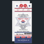 Convite para ingresso de futebol do bar Mitzvah<br><div class="desc">Bilhete Vermelho e Azul com a Estrela de David para o seu Bar Mitzvah Convite. Dois capacetes de futebol para as suas iniciais e estrela central de David de cor azul esmaecida. Se você precisar de uma combinação de cores diferente ou qualquer outra alteração de design, envie um e-mail para...</div>