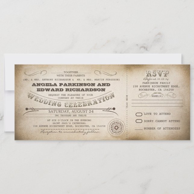 convite para ingresso de vintagem de casamento com (Frente)