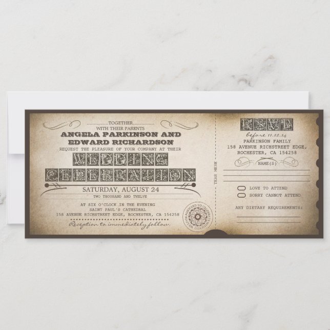 convite para ingresso de vintagem de casamento com (Frente)