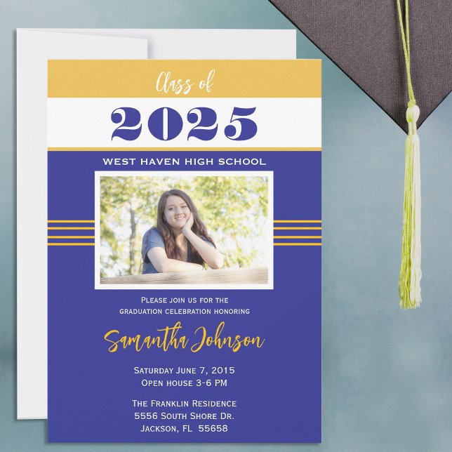 Convite para Introdução à Graduação Azul e Dourada (Customize your color  and photo graduation invitation and announcement class of 2025)
