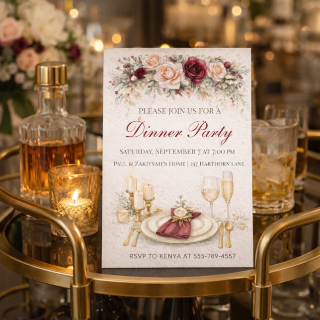 Convite para Jantar com Tema Dourado e Borgonha (Burgundy and gold dinner setting with candlelight table and floral detail)
