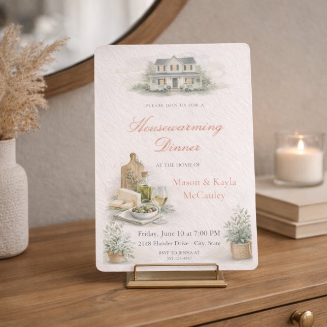 Convite para Jantar de Aquecimento da Casa (Warm housewarming dinner invite with blush tones, wine and cheese details, and soft greenery)