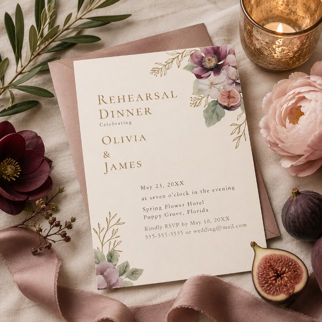 Convite para Jantar de Ensaio Botânico de Ameixa e (Plum & Olive Botanical Rehearsal Dinner Invitation)