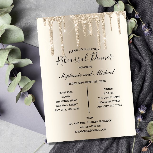 Convite para Jantar de Ensaio do Brilho do Champan (Champagne Gold Dripping Glitter Wedding Rehearsal Dinner Invitation)