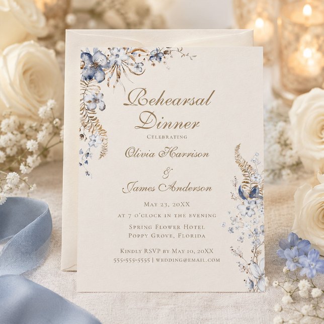 Convite para Jantar de Ensaios Botânico Azul Empoe (Dusty Blue Botanical Rehearsal Dinner Invitation)
