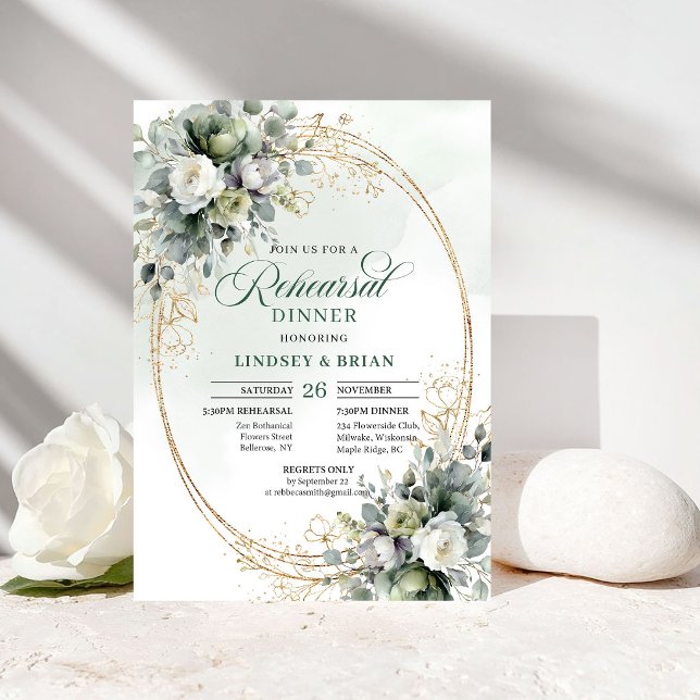Convite para Jantar de Ensaios Botânico Verde Bran (Green White Botanical Rehearsal Dinner Invite)