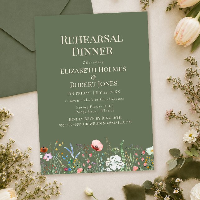Convite para Jantar de Ensaios com Flor Silvestre  (Olive Green Wildflower Rehearsal Dinner Invitation with envelope and wildflowers)