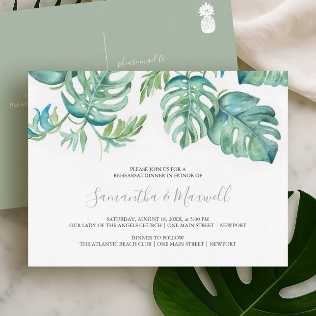 Convite para Jantar de Ensaios das Folhas de Palma (Tropical rehearsal dinner invitation postcard with watercolor monstera palm leaves Do Tell A Belle)