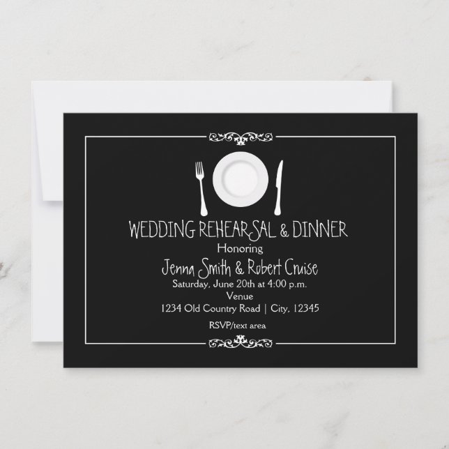 Convite para Jantar de Ensaios de Casamento Preto  (Frente)