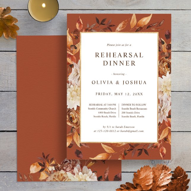 Convite para Jantar de Ensaios de Casamento Terrac (Elegant Fall Terracotta Floral Wedding Rehearsal Dinner Invitation by Painted Paperie
)