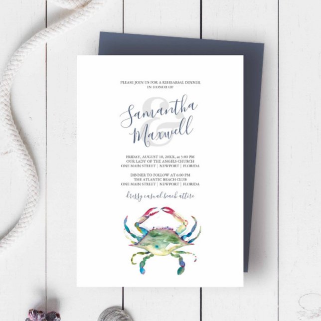 Convite para Jantar de Ensaios do Caranguejo em Aq (Rehearsal dinner invitation beach wedding watercolor blue crab art by Victoria Grigaliunas.)