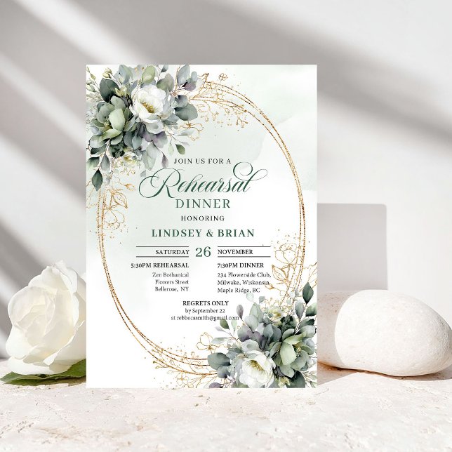Convite para Jantar de Ensaios em Verde Branco com (Watercolor Green White Rehearsal Dinner Invitation)