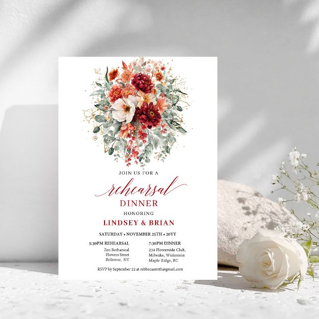 Convite para Jantar de Ensaios Floral Marsala Verm (Deep Red Marsala Floral Rehearsal Dinner Invitation

)