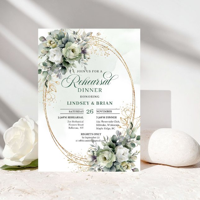 Convite para Jantar de Ensaios Folhagem Ouro Verde (Green Gold Foliage Rehearsal Dinner Invitation)