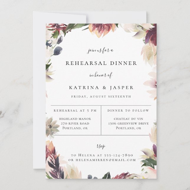 Convite para Jantar de Rehearsal com Flores Rosa B (Frente)