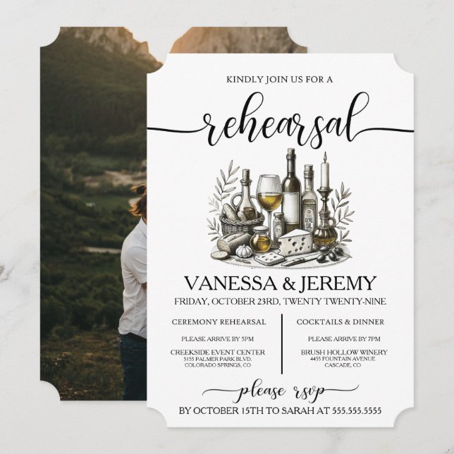 Convite para Jantar de Rehearsal com Vinho e Aperi (Frente/Verso)