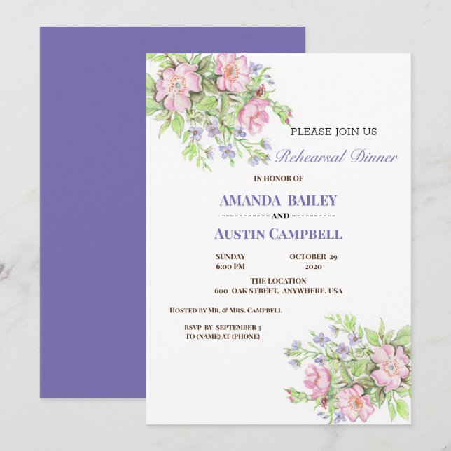 Convite para Jantar de Rehearsal de Casamento Flor (Frente/Verso)