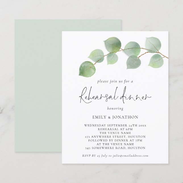 Convite para Jantar de Rehearsal de Eucalipto Mode (Frente/Verso)