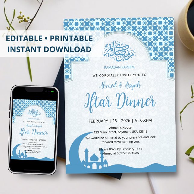 Convite para Jantar Iftar com Padrão Islâmico Azul (Criador carregado)