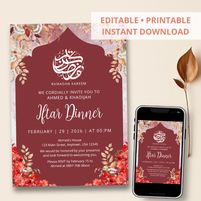 Convite para Jantar Iftar do Ramadão com Floral Ve (Criador carregado)