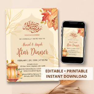 Convite para Jantar Iftar em Aquarela de Folhas de