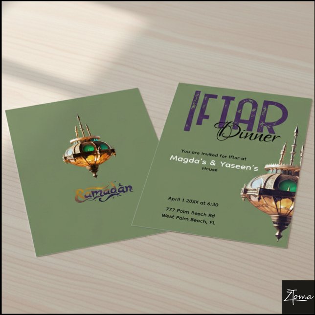 Convite para Jantar Iftar Lanterna Verde Roxo (Criador carregado)