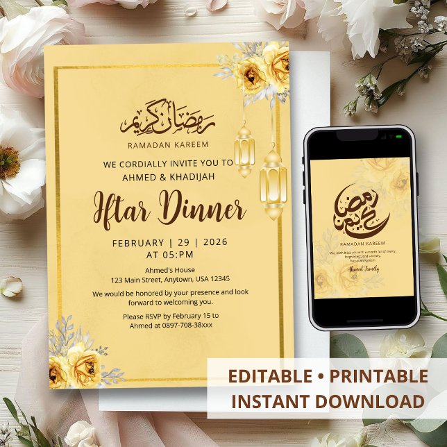 Convite para Jantar Iftar Shabby Chic Rosa Dourada (Criador carregado)