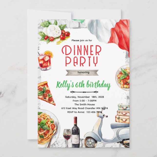 Convite para jantar italiano de aniversário (Frente)