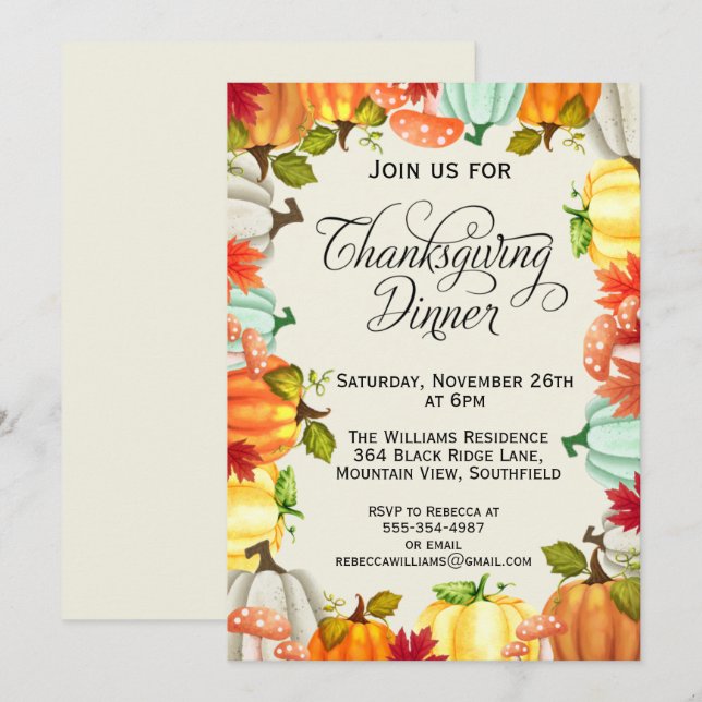 Convite para Janto de Ação de Graças para Polpkins (Frente/Verso)