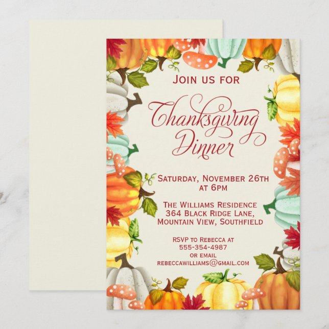 Convite para Janto de Ação de Graças para Polpkins (Frente/Verso)