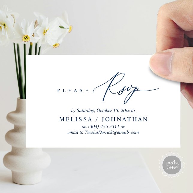 Convite para Janto de Casamento RSVP Romântico Mod (Modern Romantic RSVP Wedding Dinner Invitation Enclosed Reminder Online Email Card, Navy Blue)