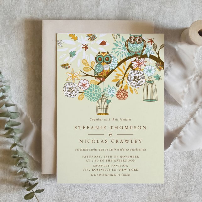 Convite para Janto de Ensaio de Corujas Whimsical (Vintage Ornate Owls and Autumn Flowers Wedding Invitation)