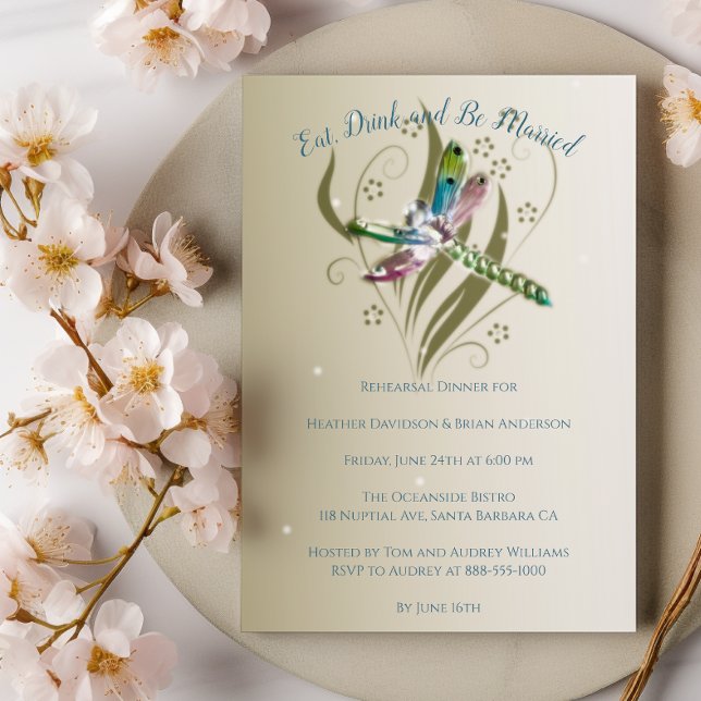 Convite para Janto de ensaio de Dragonfly (Jeweled Dragonfly Wedding Rehearsal Dinner Invitation)