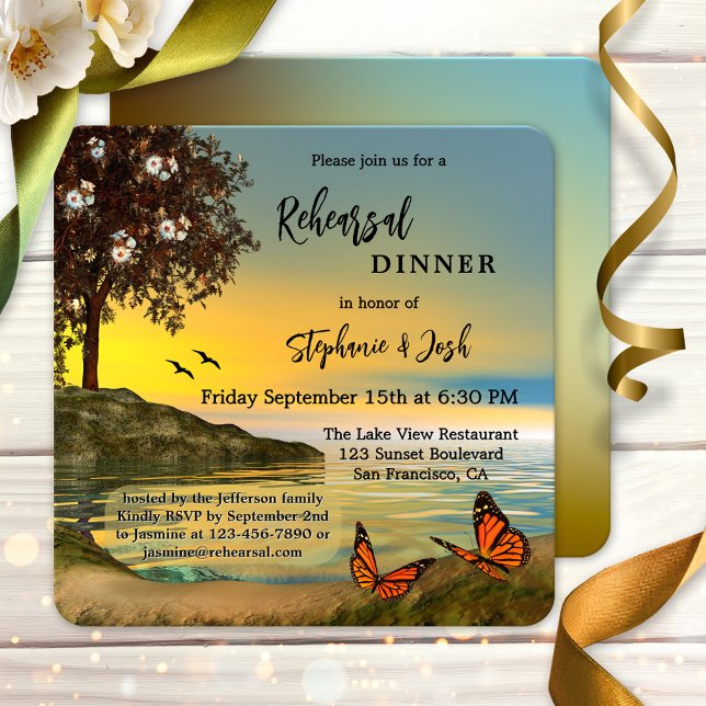 Convite para Janto de ensaio de lagoas borboletas (Rehearsal Dinner invitation featuring a painting of a coastal landscape scene with butterflies)