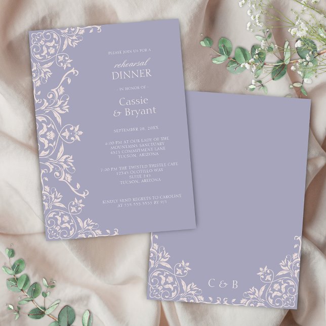 Convite para Janto de ensaio de Lavandas roxas (Elegant purple lavender wedding rehearsal dinner invitation with romantic vintage french lilac theme)