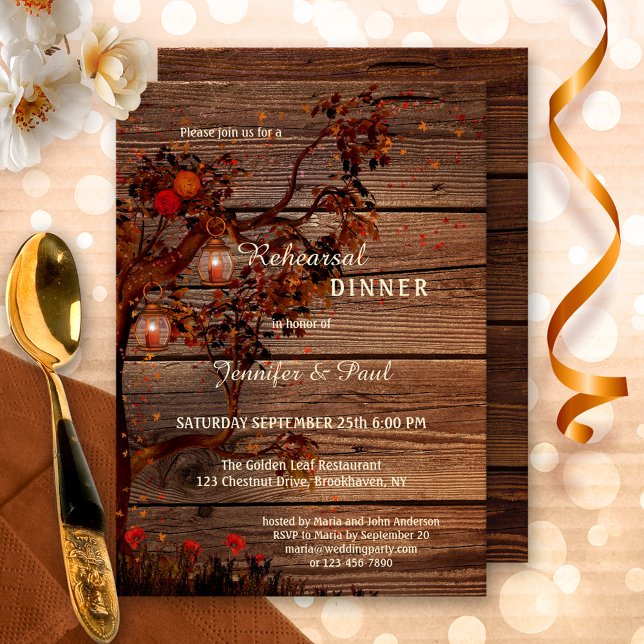 Convite para Janto de ensaio de luzes de queda (Rehearsal Dinner invitation featuring an autumn tree with colorful leaves, roses and festive lantern)