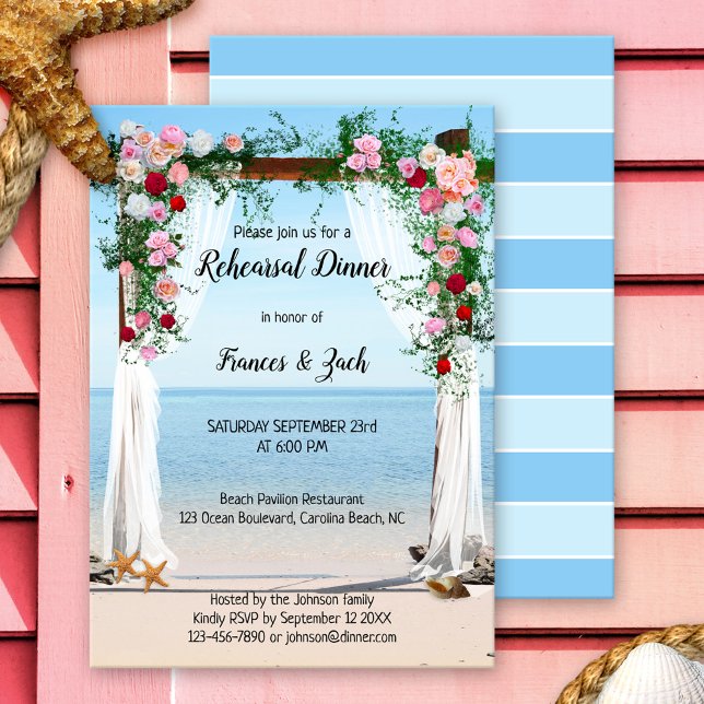 Convite para Janto de ensaio de praia de rosa Arbo (Romantic rehearsal dinner invitation with an image of a rose arbor with veils, overlooking a beach)