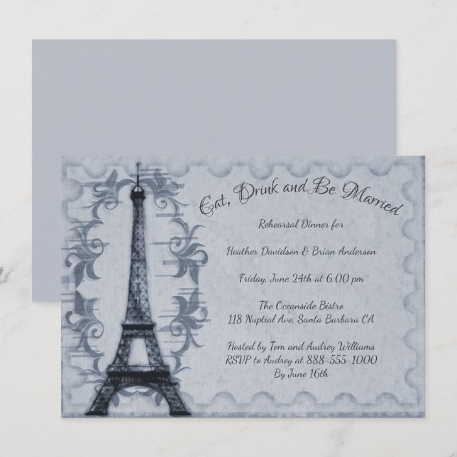 Convite para Janto de ensaio em torre Eiffel azul (Frente/Verso)