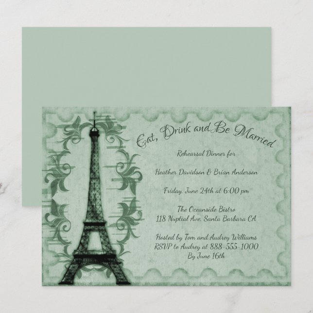 Convite para Janto de ensaio em torre Eiffel verde (Frente/Verso)