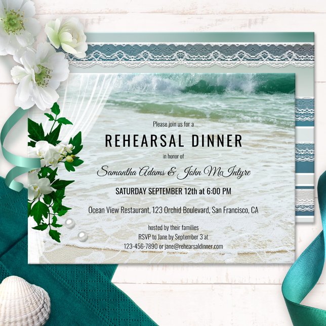 Convite para Janto de ensaio Orchid Beach Lace (Rehearsal Dinner invitation featuring orchid flowers on a wedding veil - beach with lace and pearls)