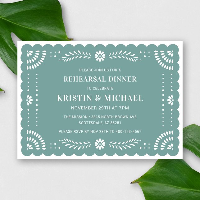 Convite para Janto de ensaio Papel Picado Mexicano (Modern Papel Picado Rehearsal Dinner Invitation in Sage)