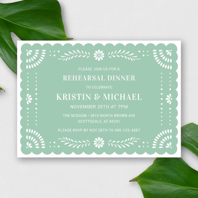 Convite para Janto de ensaio Papel Picado Mexicano (Modern Papel Picado Rehearsal Dinner Invitation in Mint)
