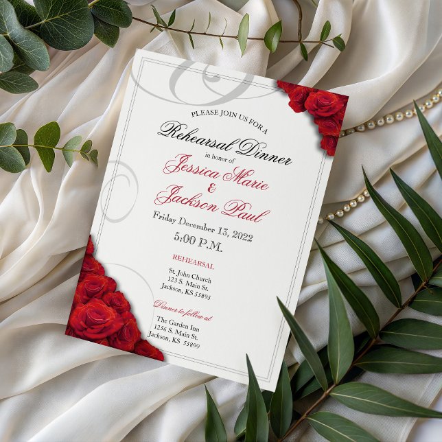 Convite para Janto de ensaio Rosa vermelha (Red Roses Rehearsal Dinner Invitation)