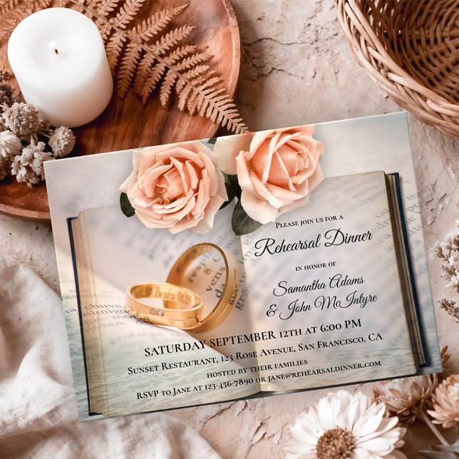 Convite para Janto de Ensaios de Rosas do Book Lov (Rehearsal Dinner invitation with a book theme featuring roses and wedding rings on a book )