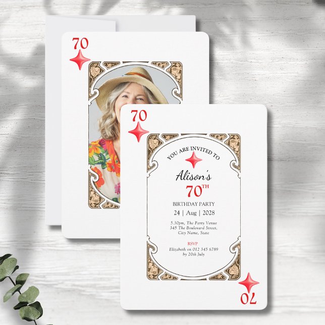 Convite para Jogar Diamante de Aniversário de 70 (70th birthday party invitations in an art deco playing card style on a grey wood background)