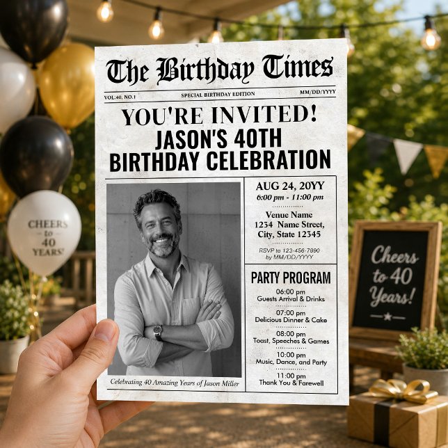 Convite para jornal aniversário de 30 anos com pro (Custom Birthday Newspaper Invitation with Program)