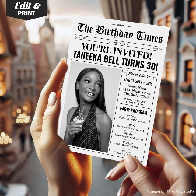 Convite para jornal aniversário de 30 anos com pro (30th Birthday Newspaper Invitations with Program)